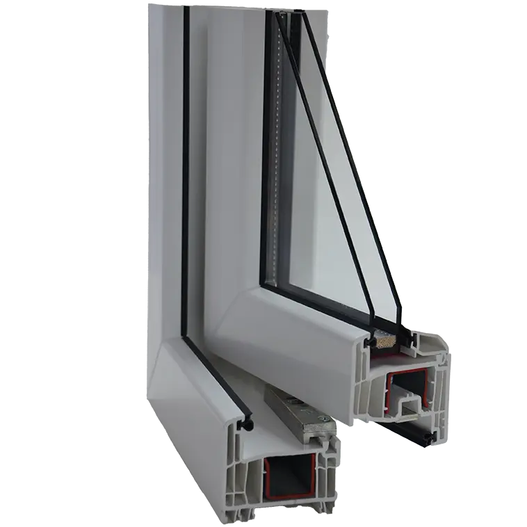 Teil eines weißen Kunststoff-Fensters mit Querschnitt durch den Rahmen