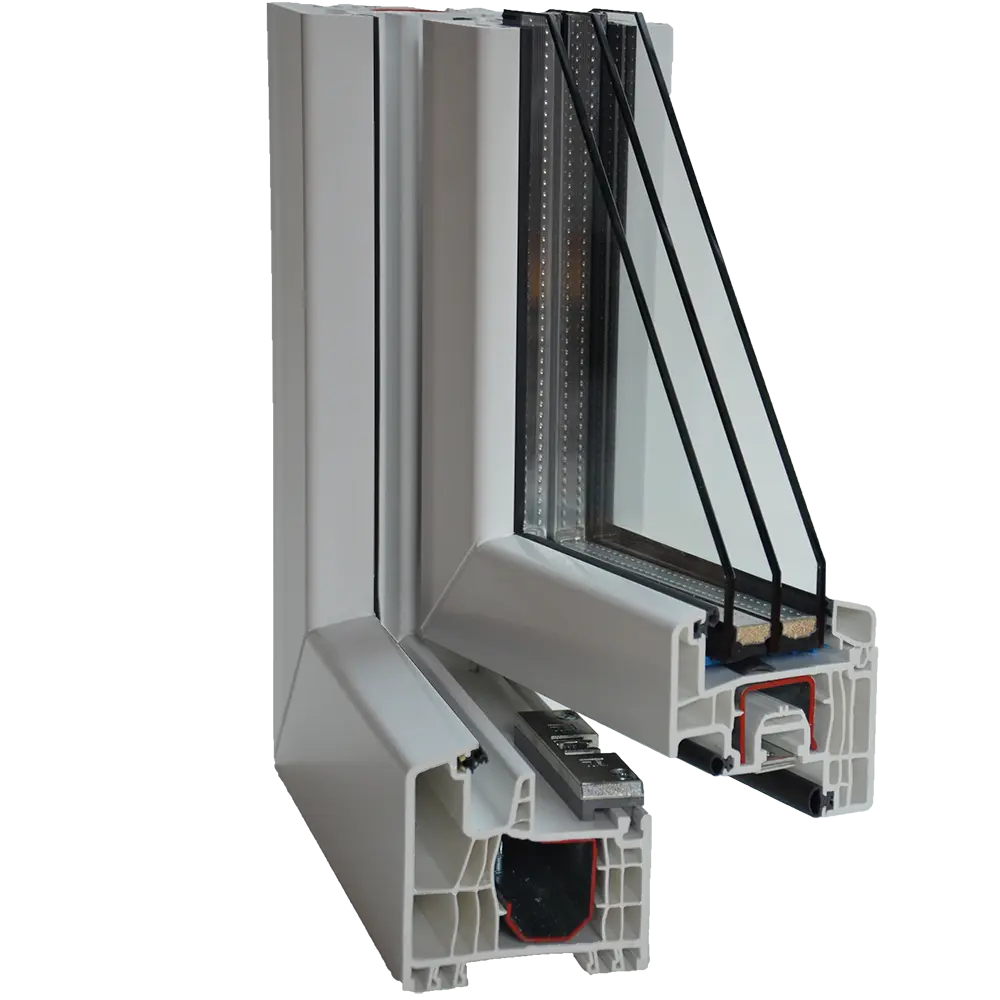 Teil eines weißen Kunststoff-Fensters mit Querschnitt durch den Rahmen