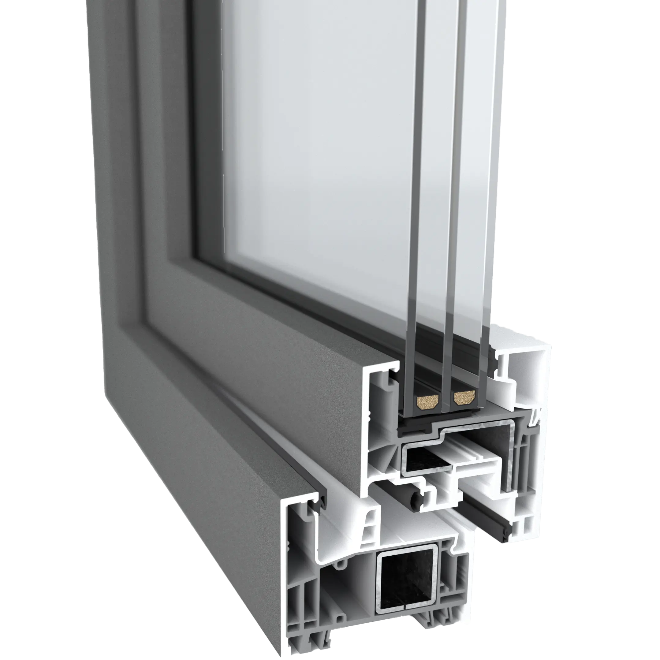 Teil eines anthrazit-farbenen Kunststoff-Fensters mit Querschnitt durch den Rahmen