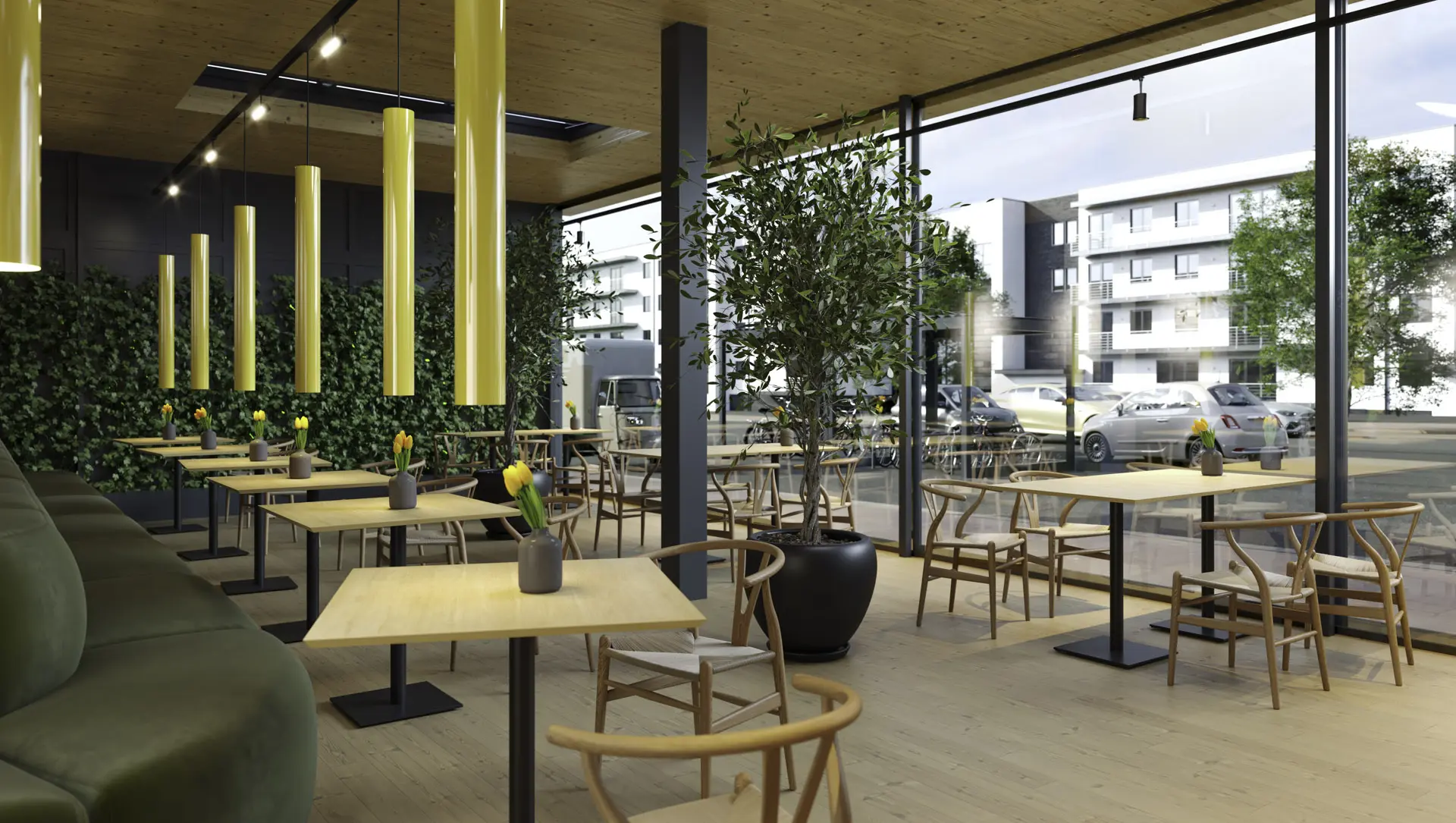 Rendering von einem modern eingerichteten Raum mit vielen Stühlen und Tischen vor einer Glasfenster-Front
